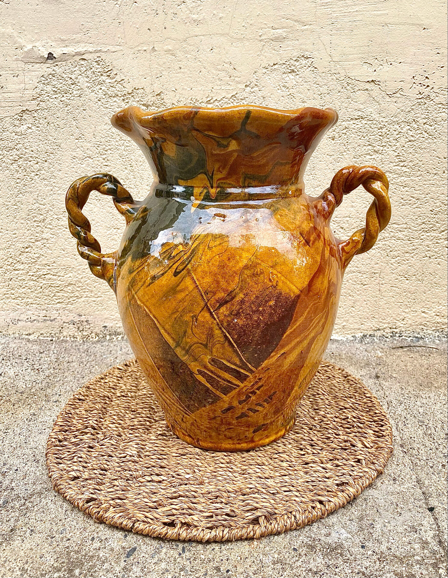 Ancient large vase in glazed speckled terracotta