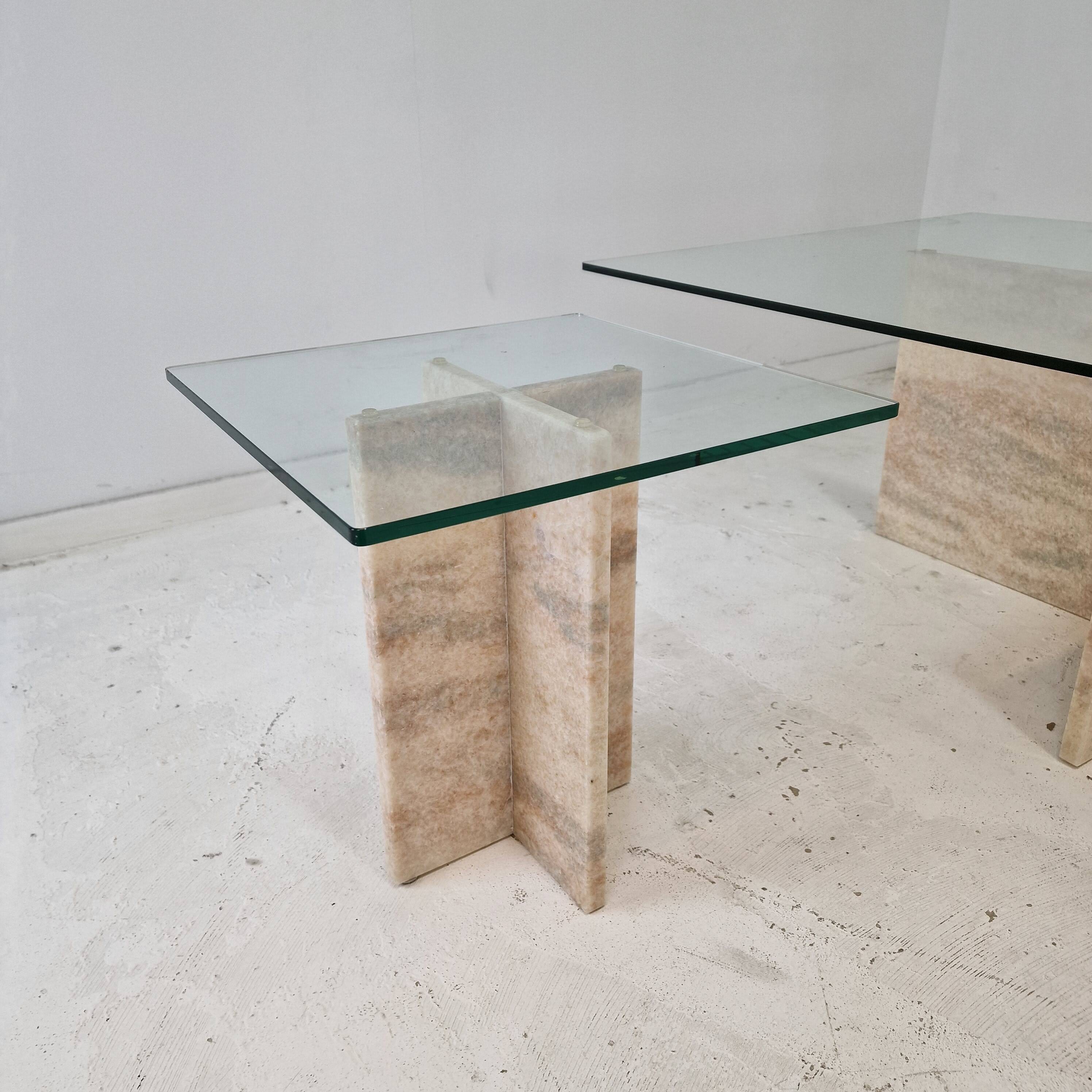 Set of 3 Italian Marble Coffee or Side Tables with Glass, 1980s