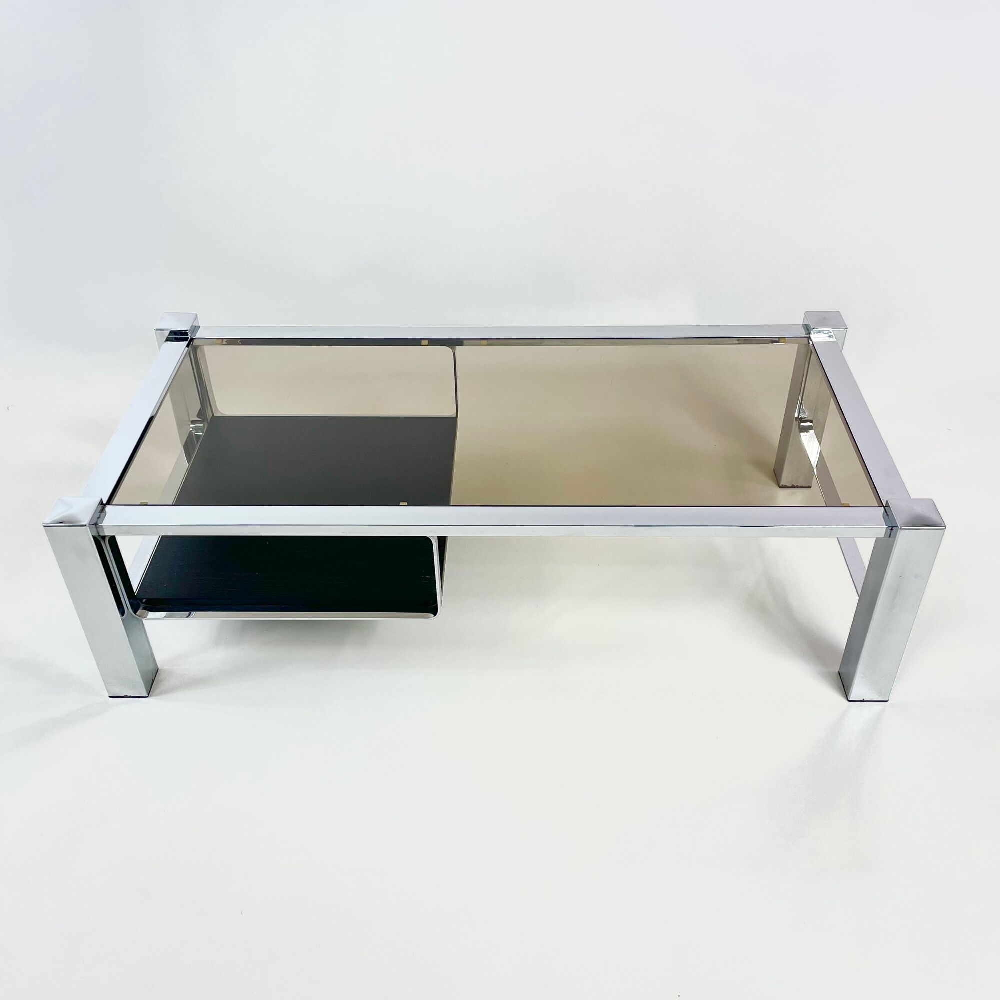 Belgo chrom chrome coffee table, smoked glass top and wooden undertray, circa 1980