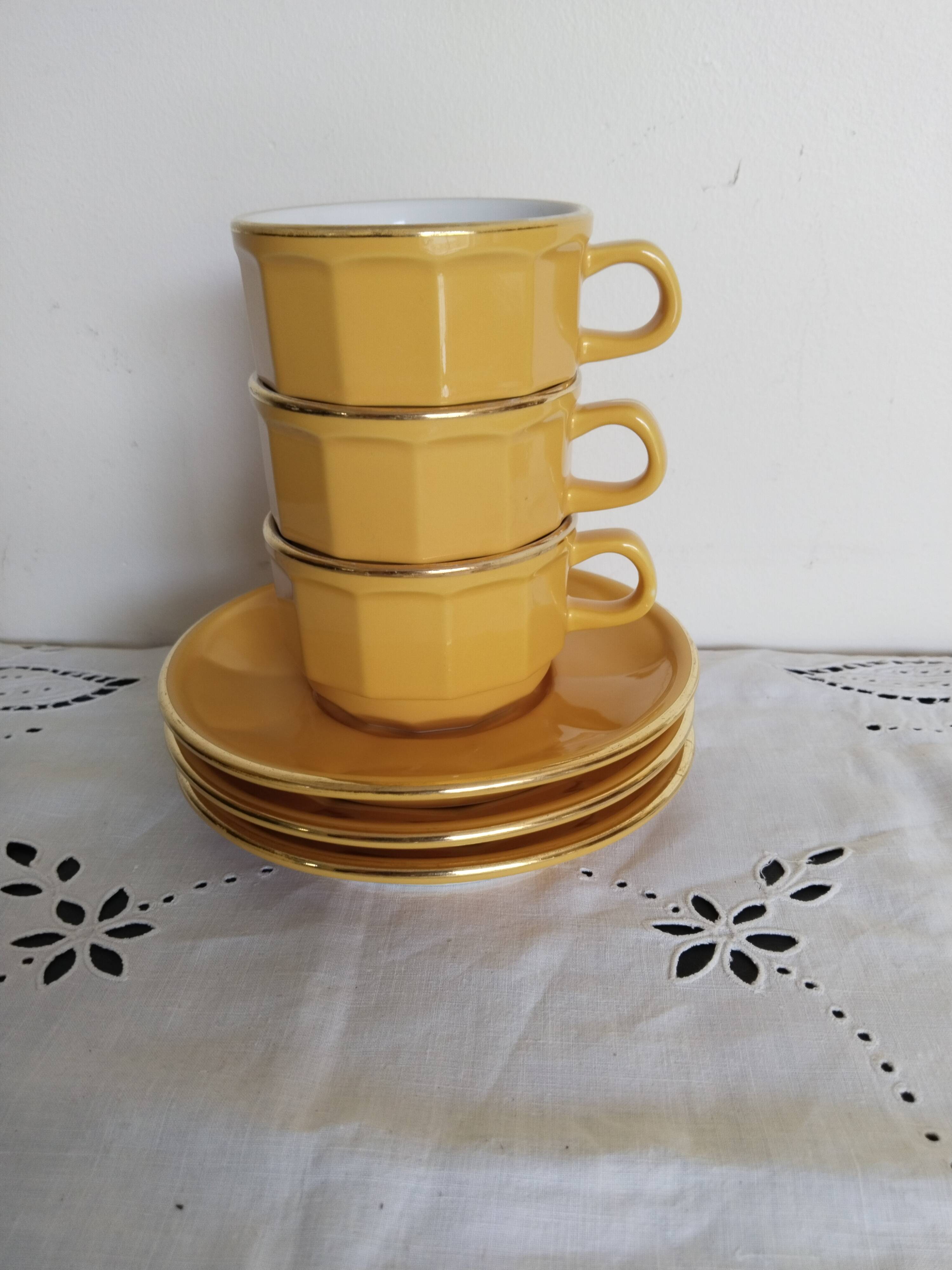 Apilco yellow chocolate cups and saucers, porcelain, Revol