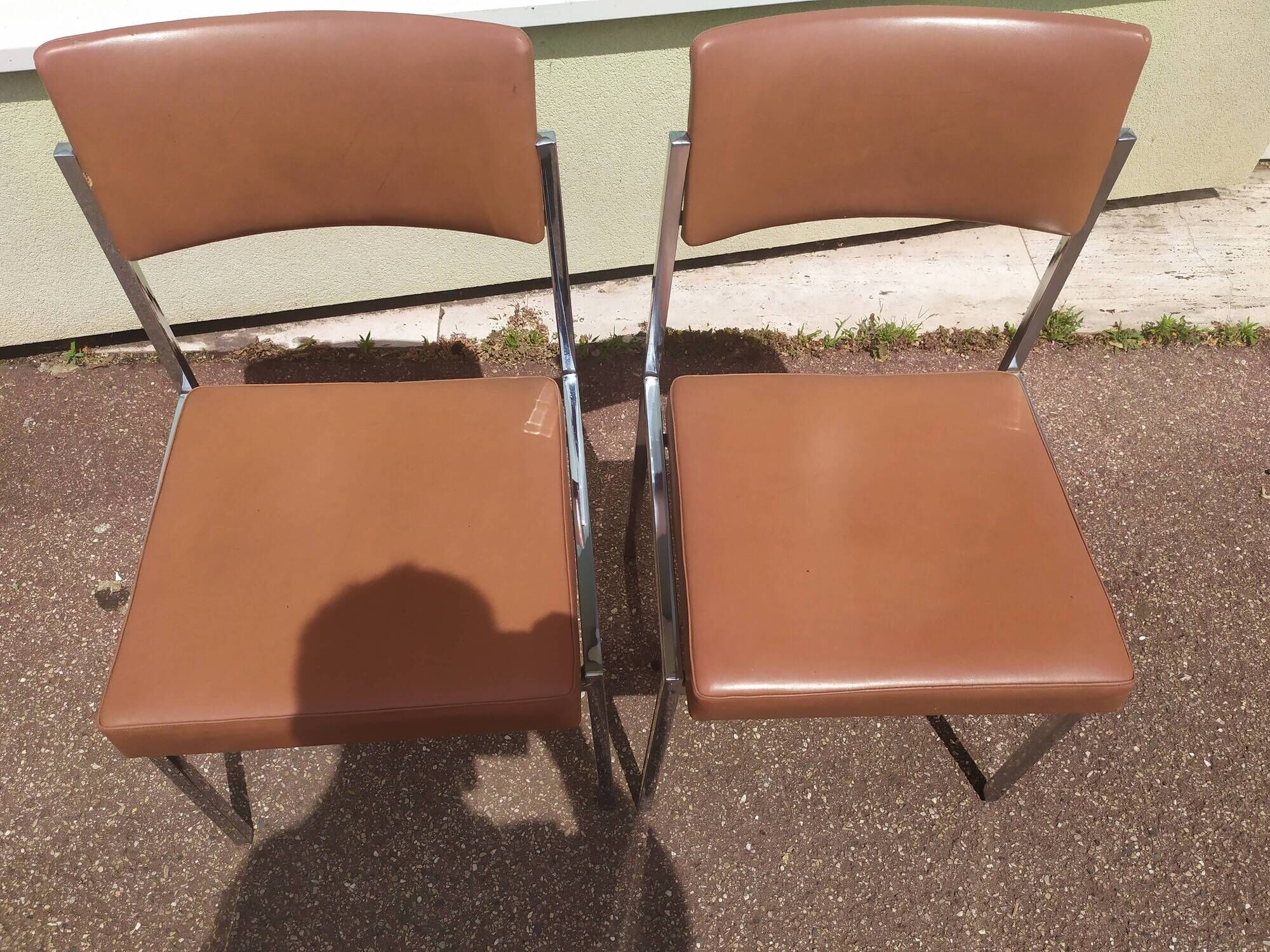 Pair of office chair oem strafor vintage 1960 - chrome skaï brown