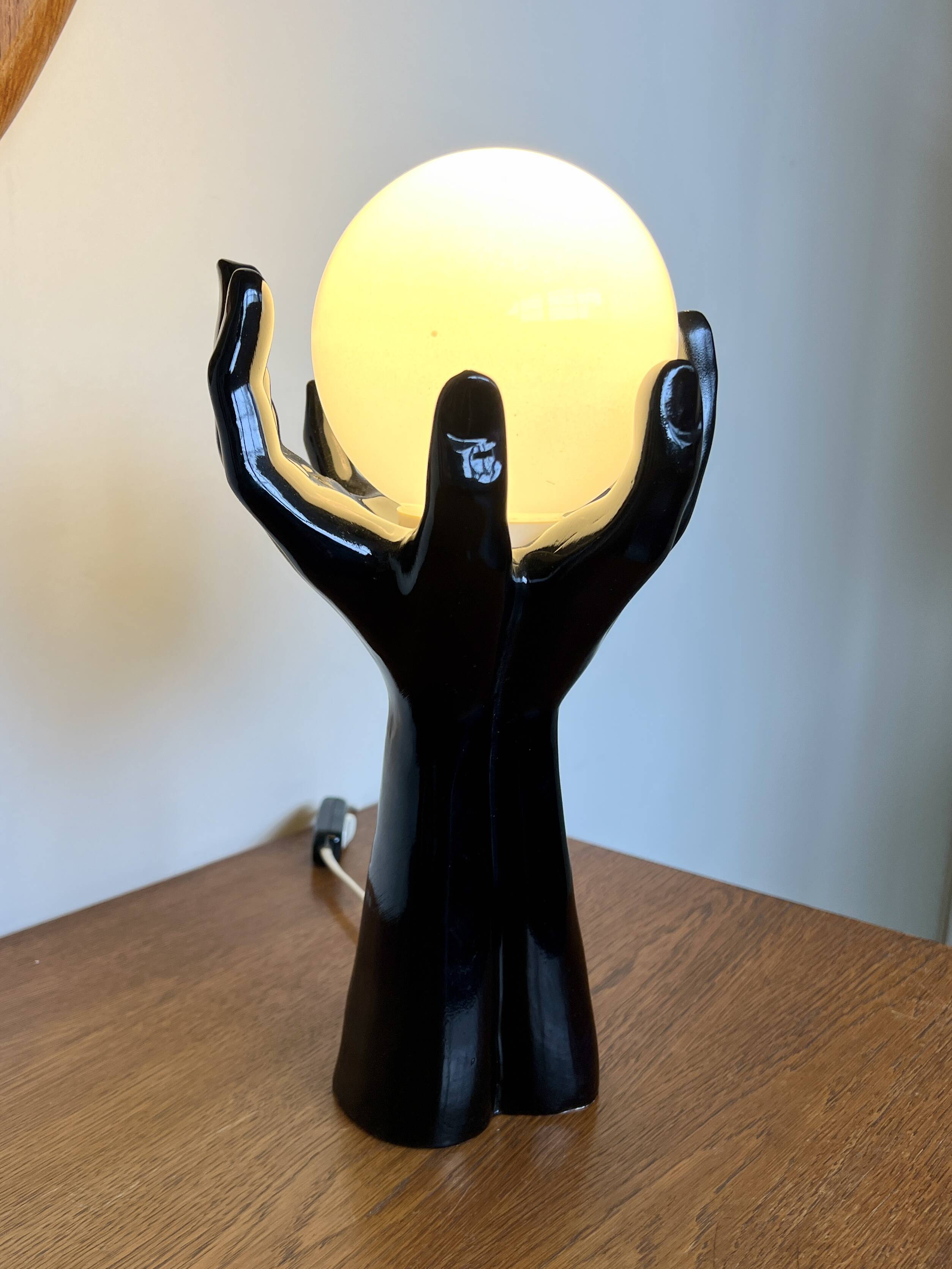 Black Ceramic Lamp with Hands & Opaline Globe – 70s Art Deco Style