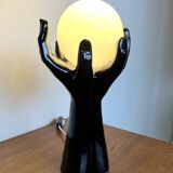 Black Ceramic Lamp with Hands & Opaline Globe – 70s Art Deco Style