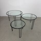 Set of 3 Minimalist Wire and Glass Nesting Tables, 1970s - 1980s