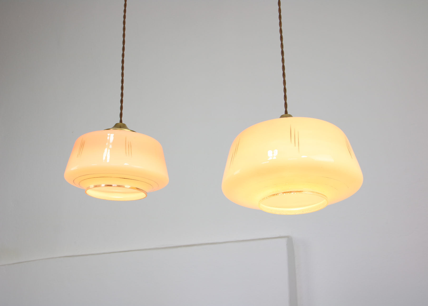 Mid-century glass & brass pendant lamps, set of 2