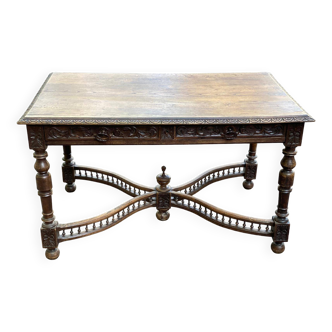 Napoleon III desk with carved spinning top legs in solid wood, 19th century