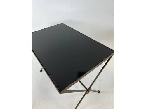Modernist nesting tables in metal and black glass, 1950s.