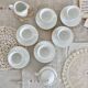 Vintage porcelain tea/coffee service with gold edging for 6 people, sugar bowl and milk jug