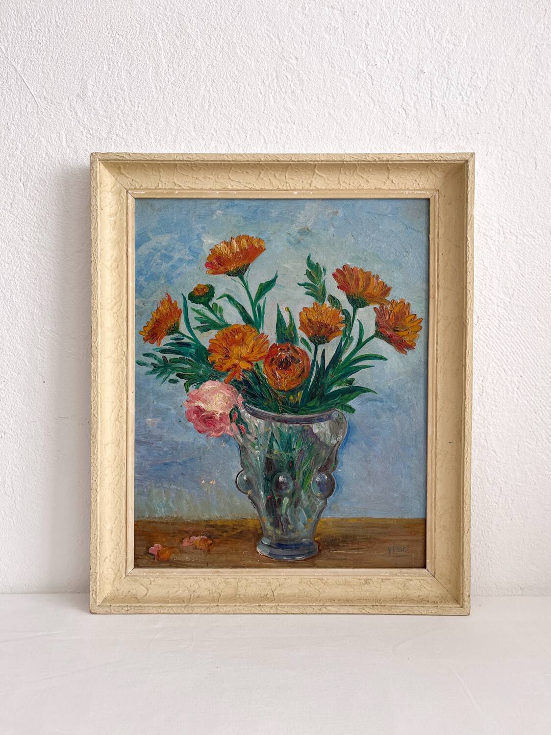 Old oil painting on panel bouquet of flowers