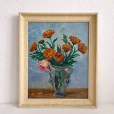 Tableau peinture ancienne huile sur panneau bouquet de fleurs