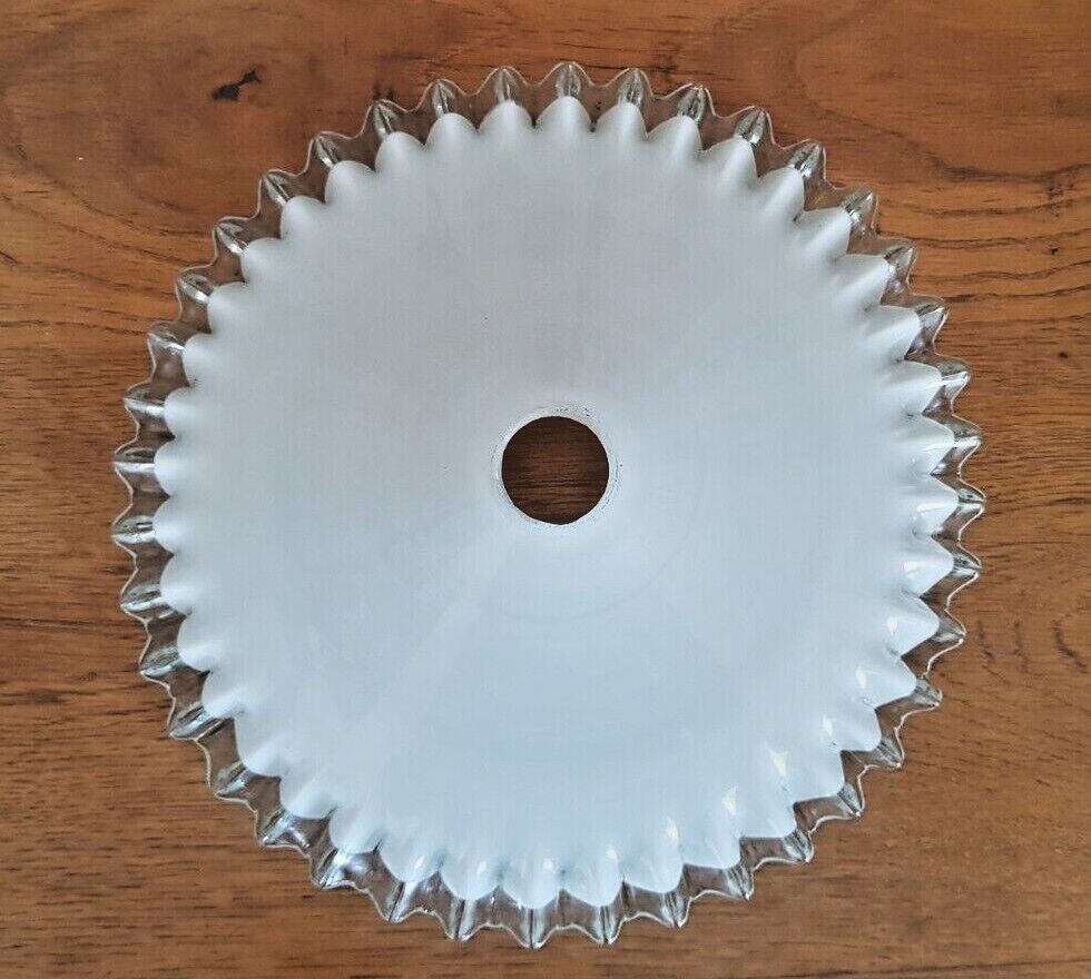 Vintage french frilled glass pendant shade white frosted glass clear edge 3649