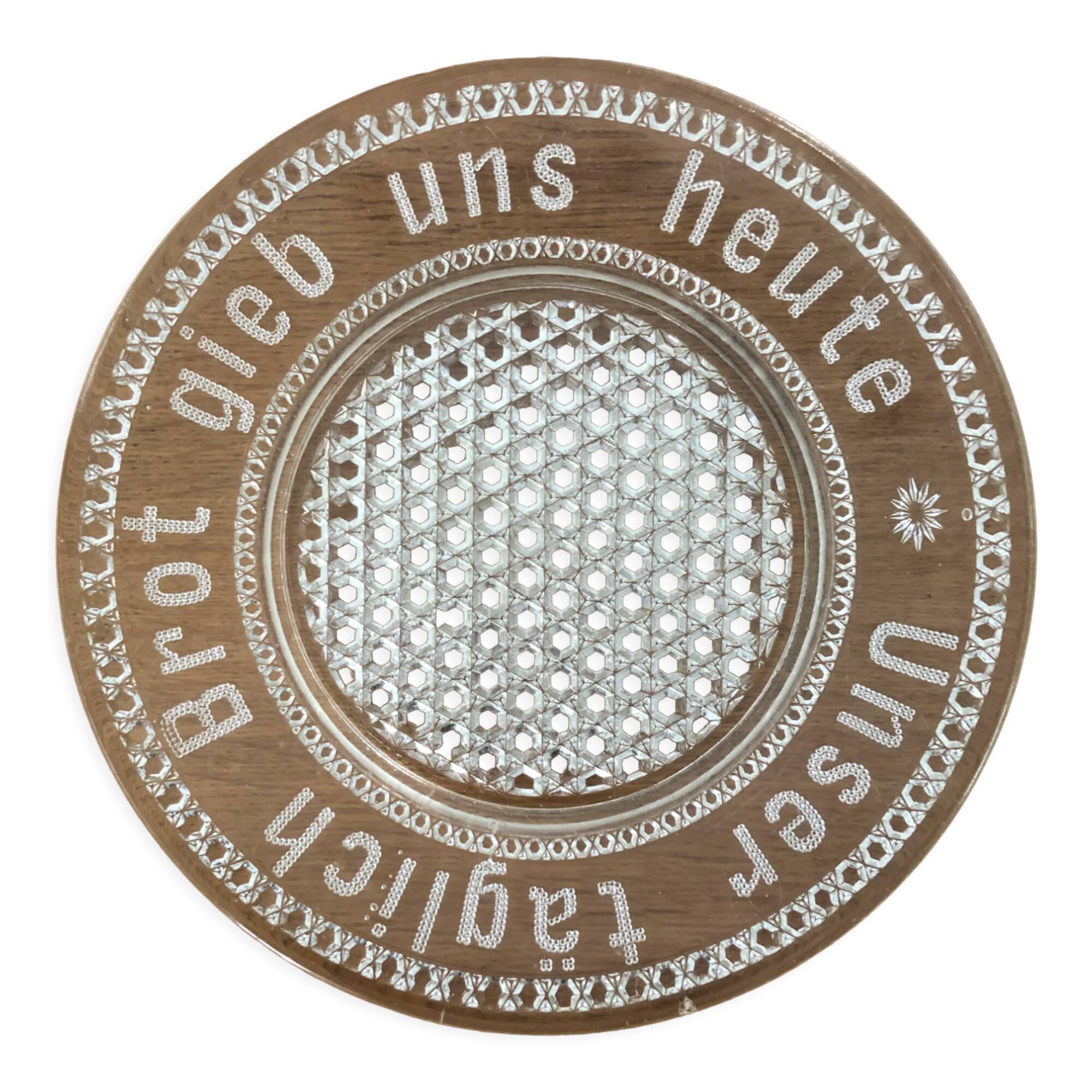 Cut glass cheese dish with inscription in German