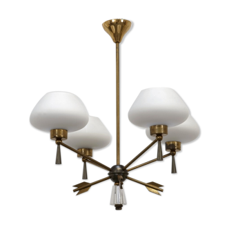 Brass and opaline chandelier by Marcel Asselbur circa 1950
