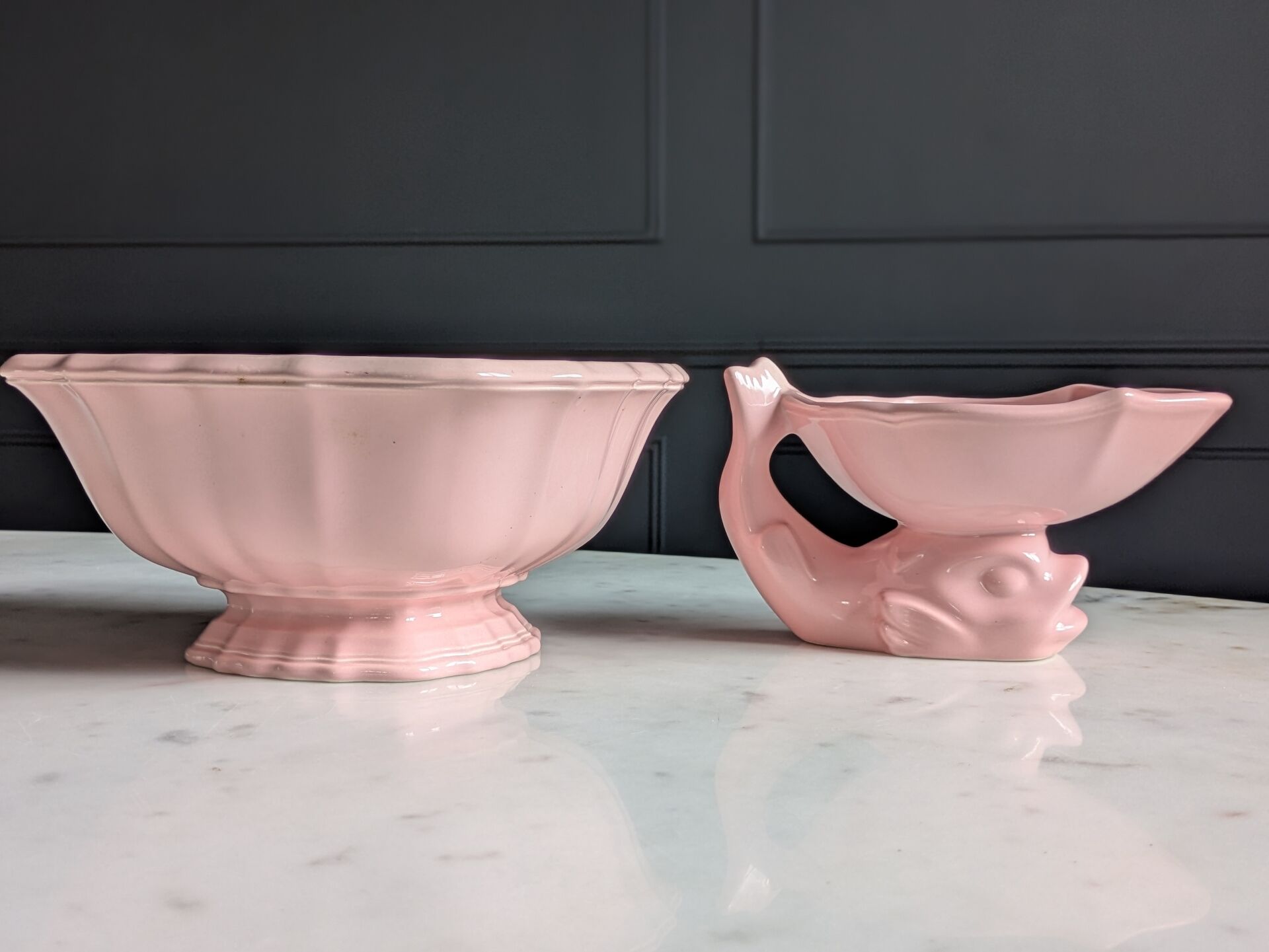 Vintage powder pink earthenware duo. Salins les Bains. 1950s.