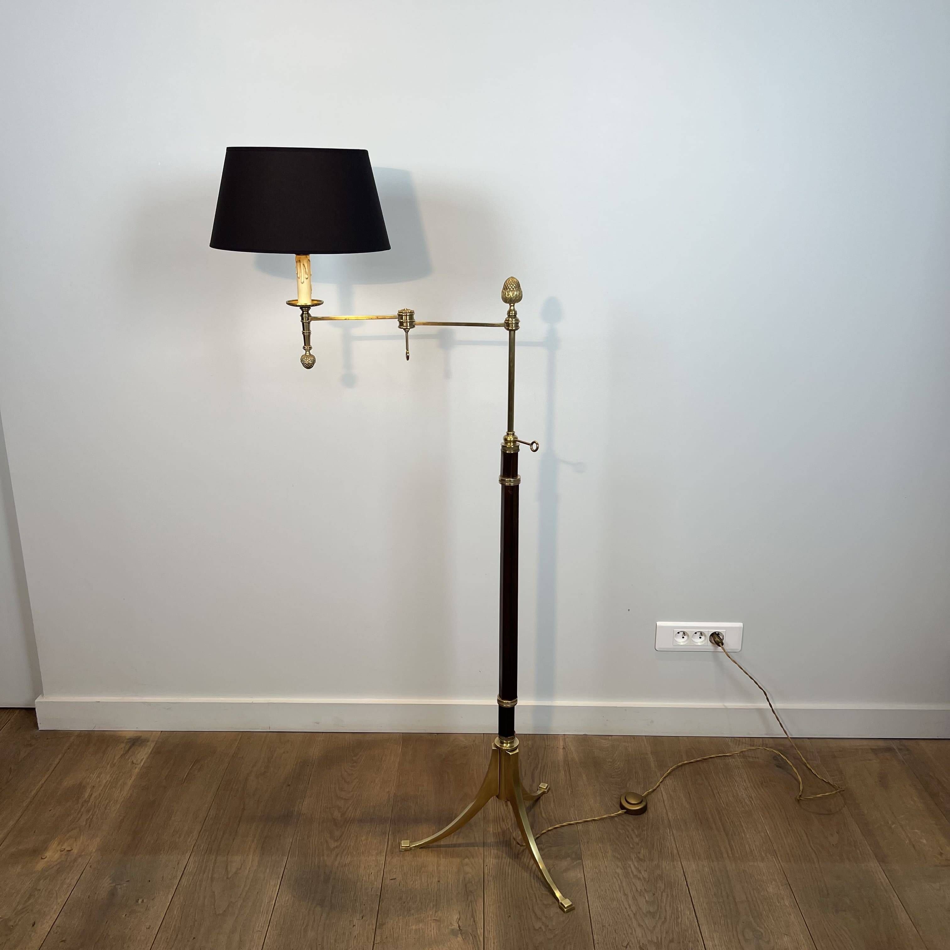 Reading Lamp in Mahogany and Gold Brass with Articulated Arm and Tripod Base