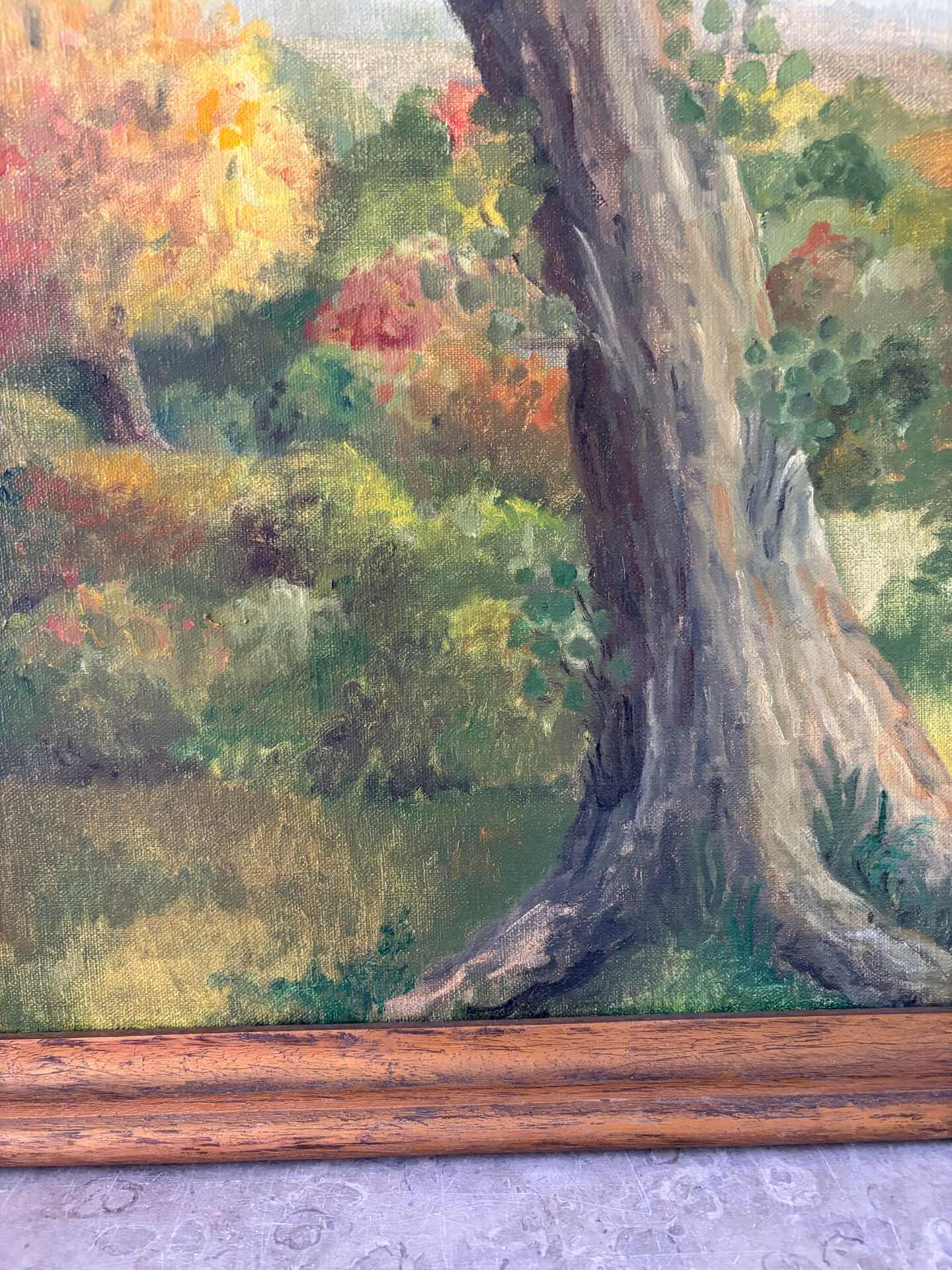 L’arbre des saisons, huile sur toile signé Hildegarde, 1977