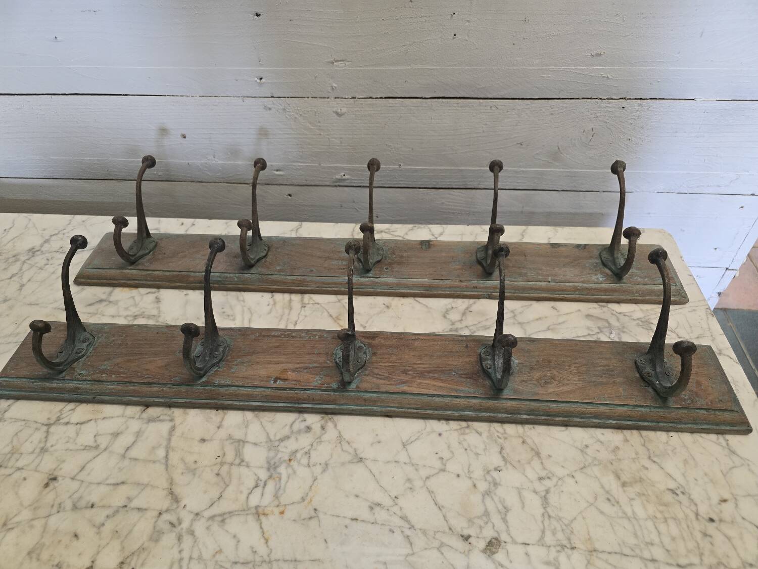 Wooden school coat rack and cast iron coat hooks