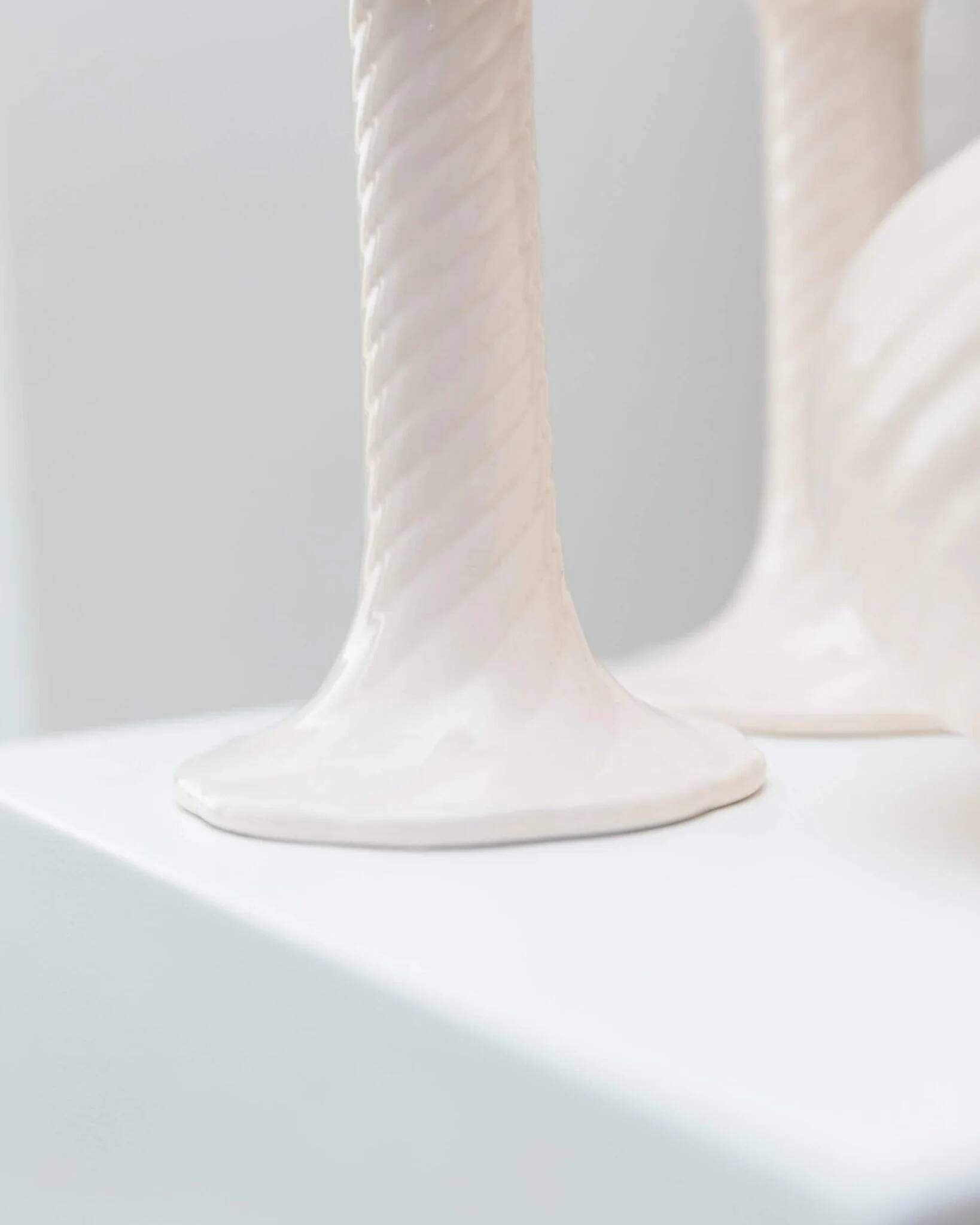 Cream ceramic mid-century set: two candle holders and a vase with white glaze, 1970s design