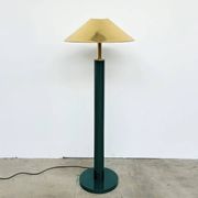 Lacquered metal floor lamp in green with a golden shade — Coolie shape — 1970s-80s