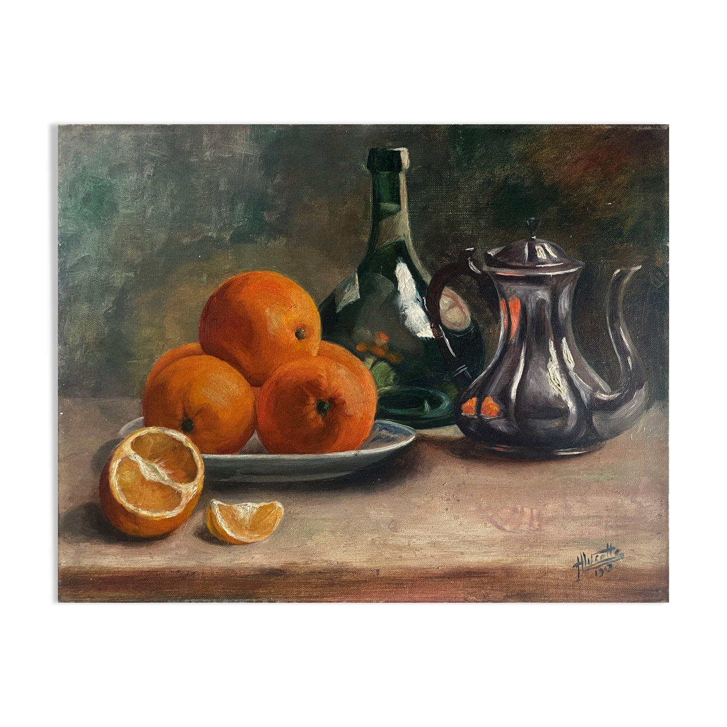 HST painting "Still life with oranges and armagnac" signed H. Lucotte 1913