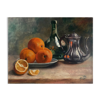 Tableau HST "Nature morte aux oranges et armagnac" signé H. Lucotte 1913