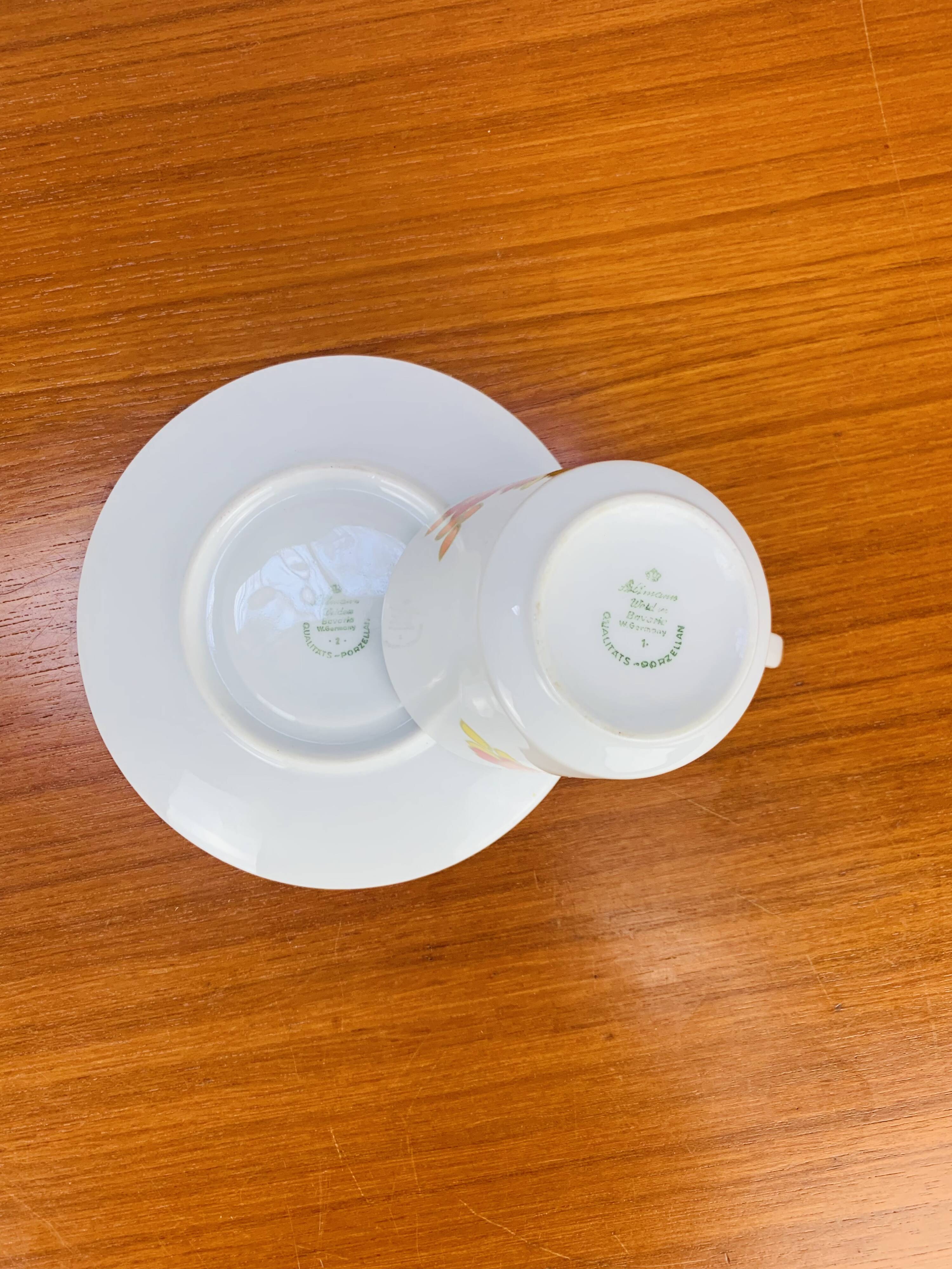 Tea and dessert set of 6 cups, German porcelain, flowers, 70s