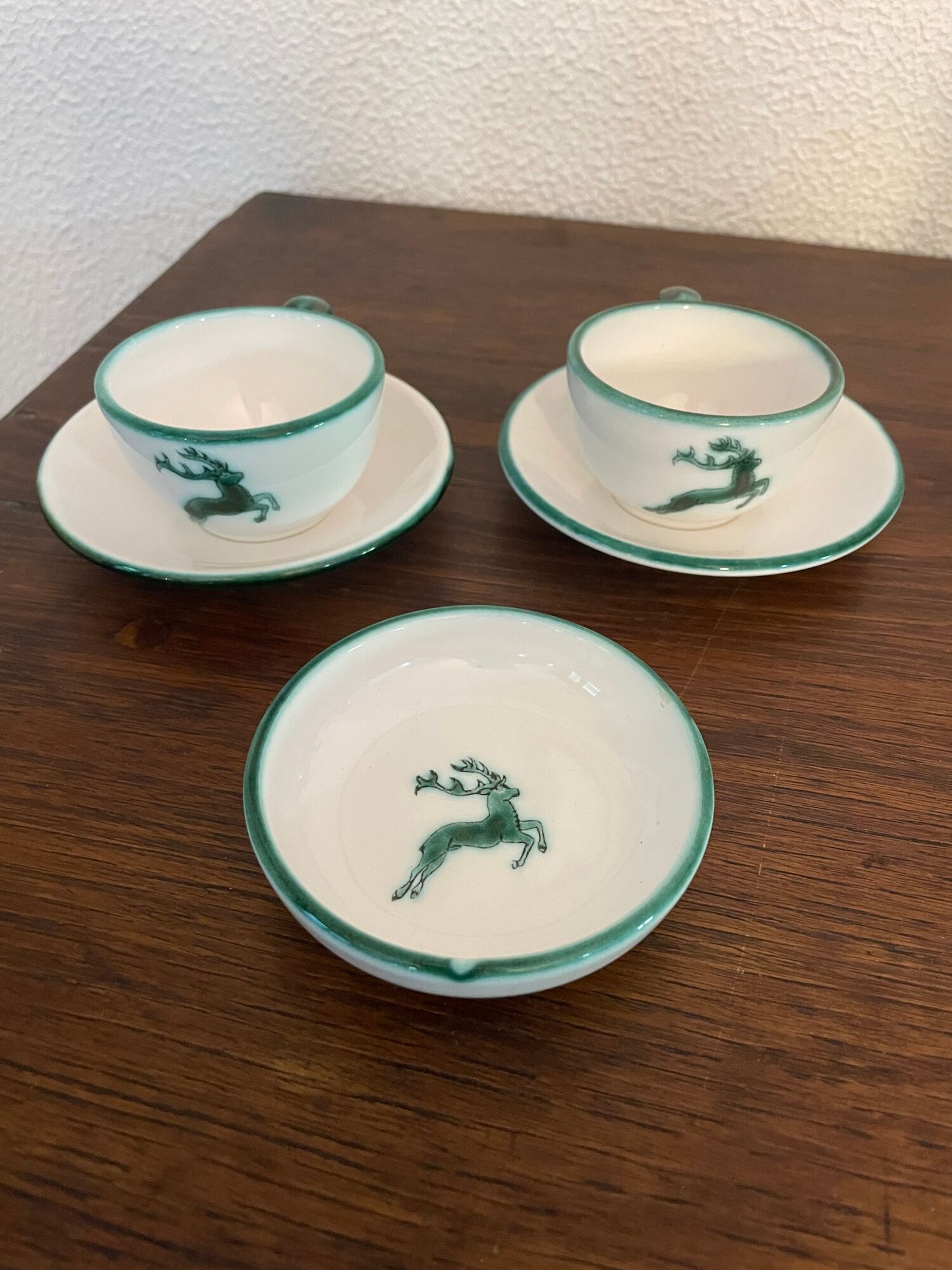 Set of 2 espresso coffee cups and their cups Green Deer Pattern Gmundner Keramik