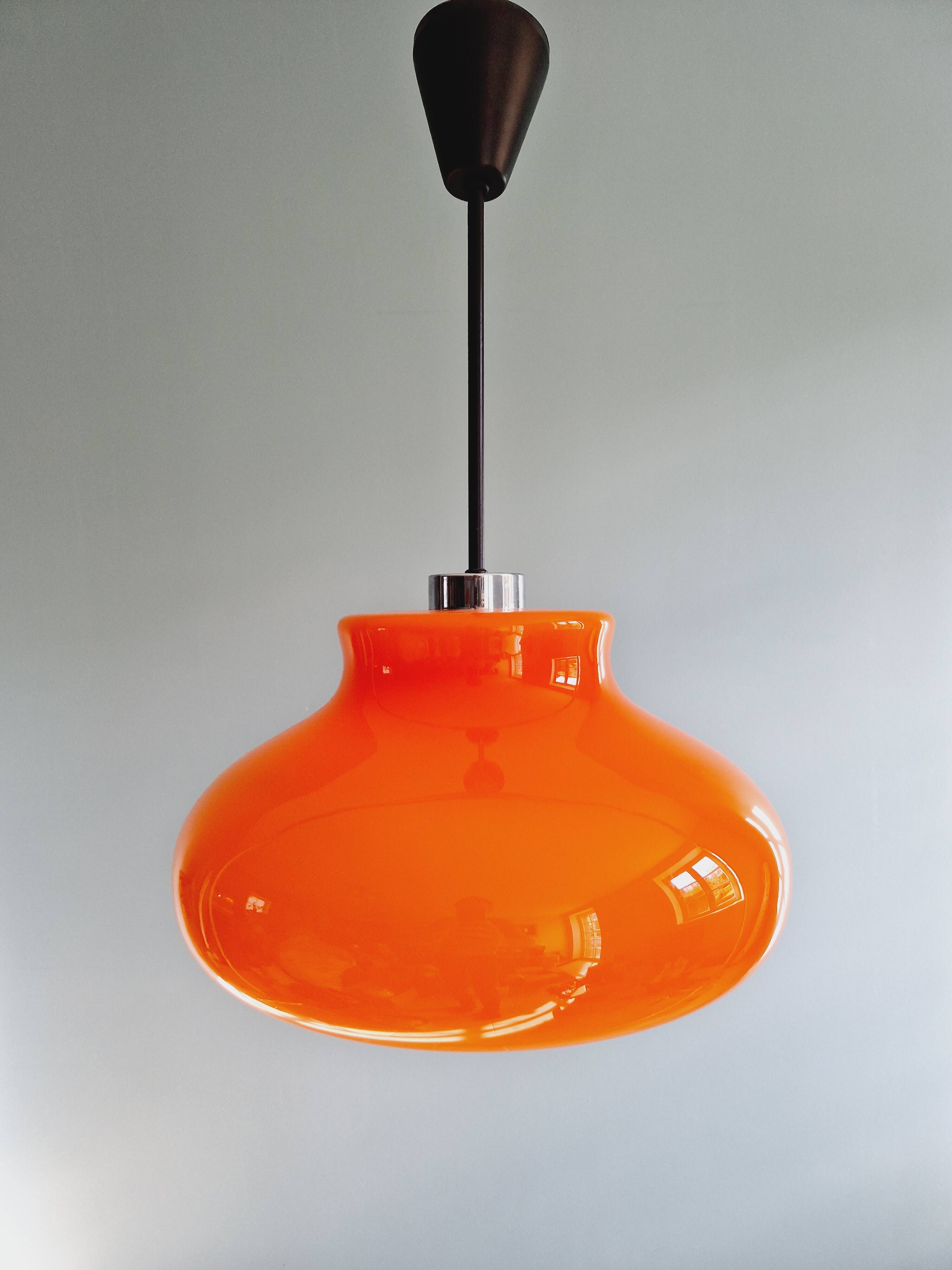 Large vintage pendant light in orange opaline, 1970s