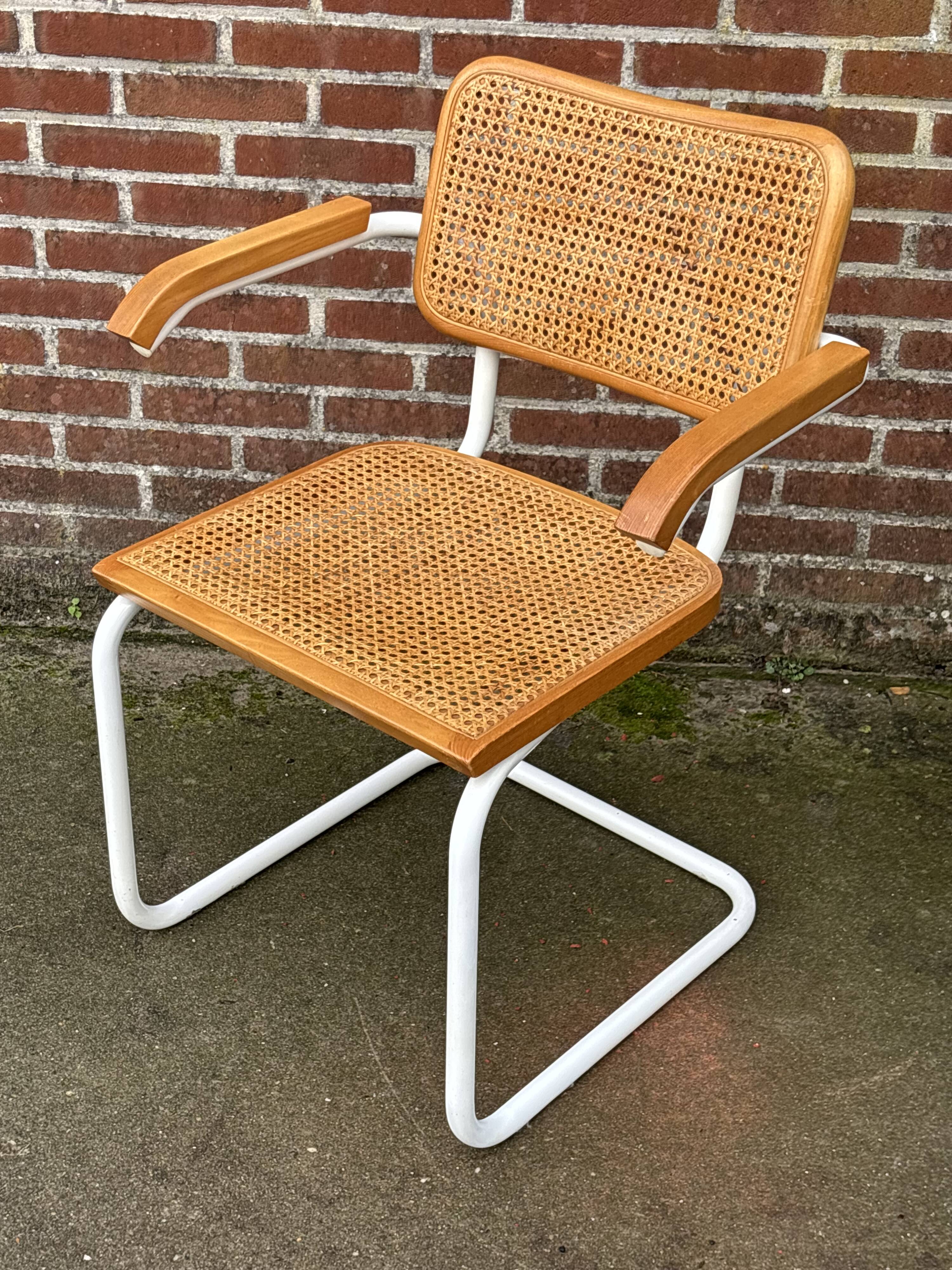 Chair Cesca model with armrests B64 in white metal and wood