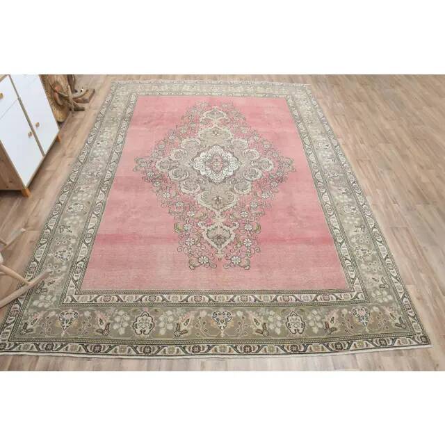 1970s Vintage Persian Handmade Wool Cotton Pink Area Rug 290x393
