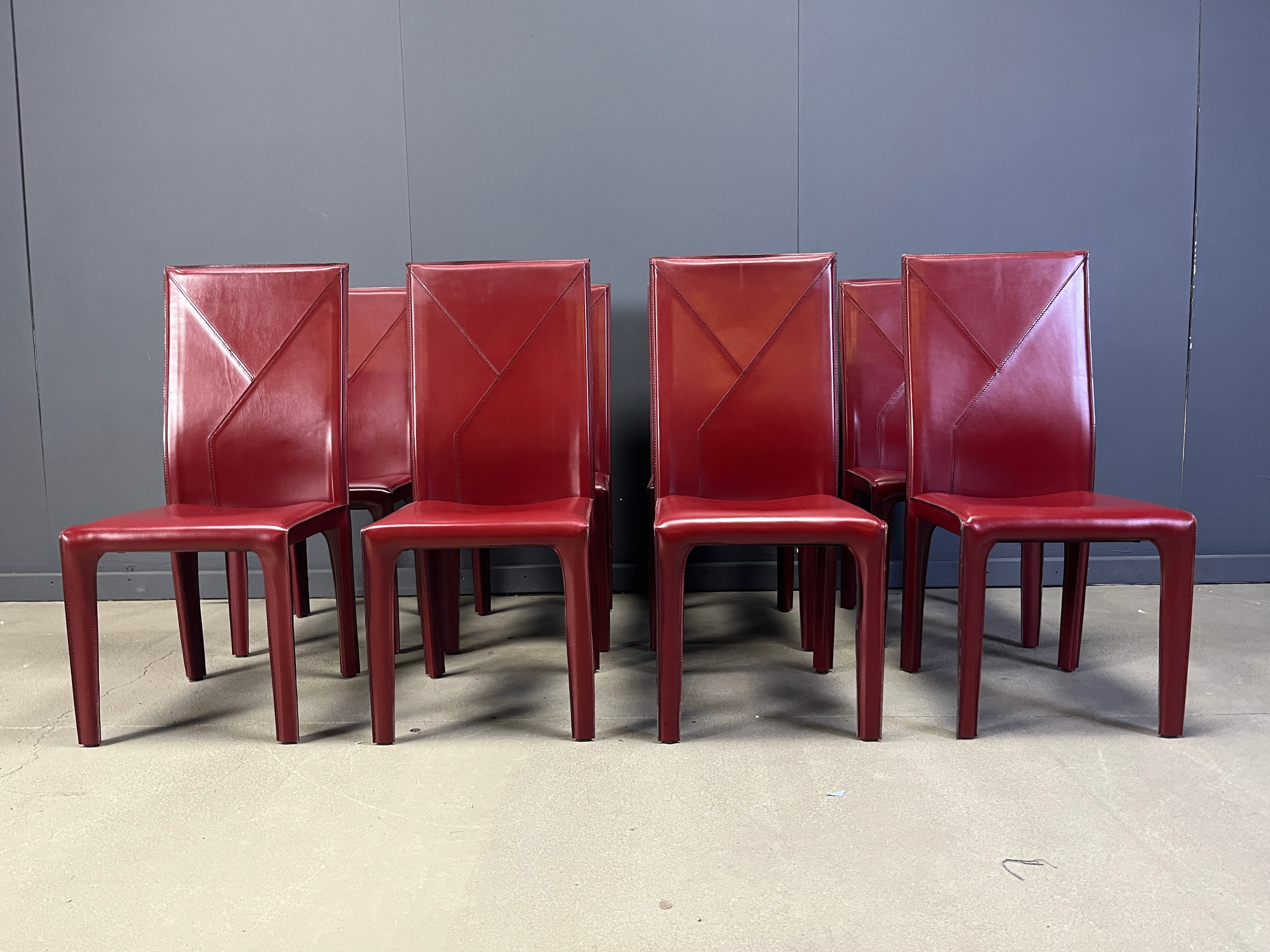 Red leather dining chairs by Roche Bobois France, 1980s - set of 8