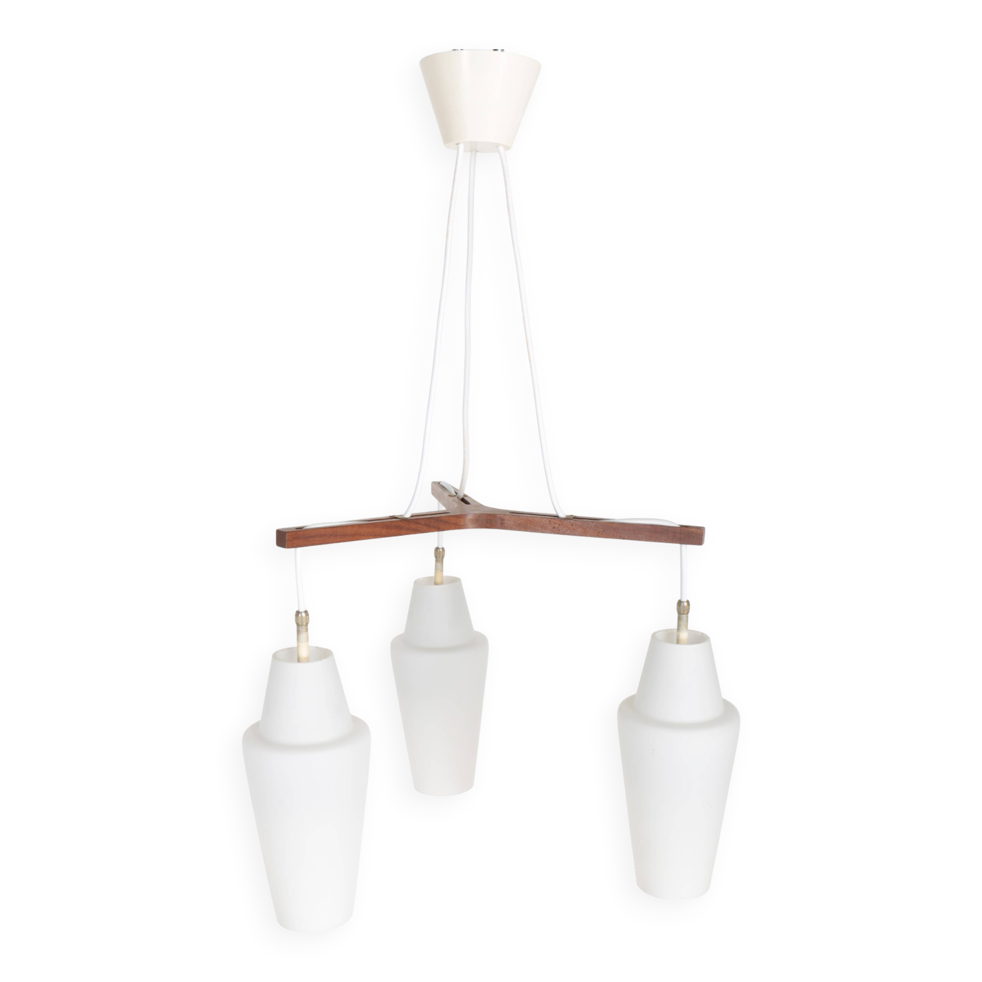 Scandinavian teak and opaline chandelier, Philips, 1960s