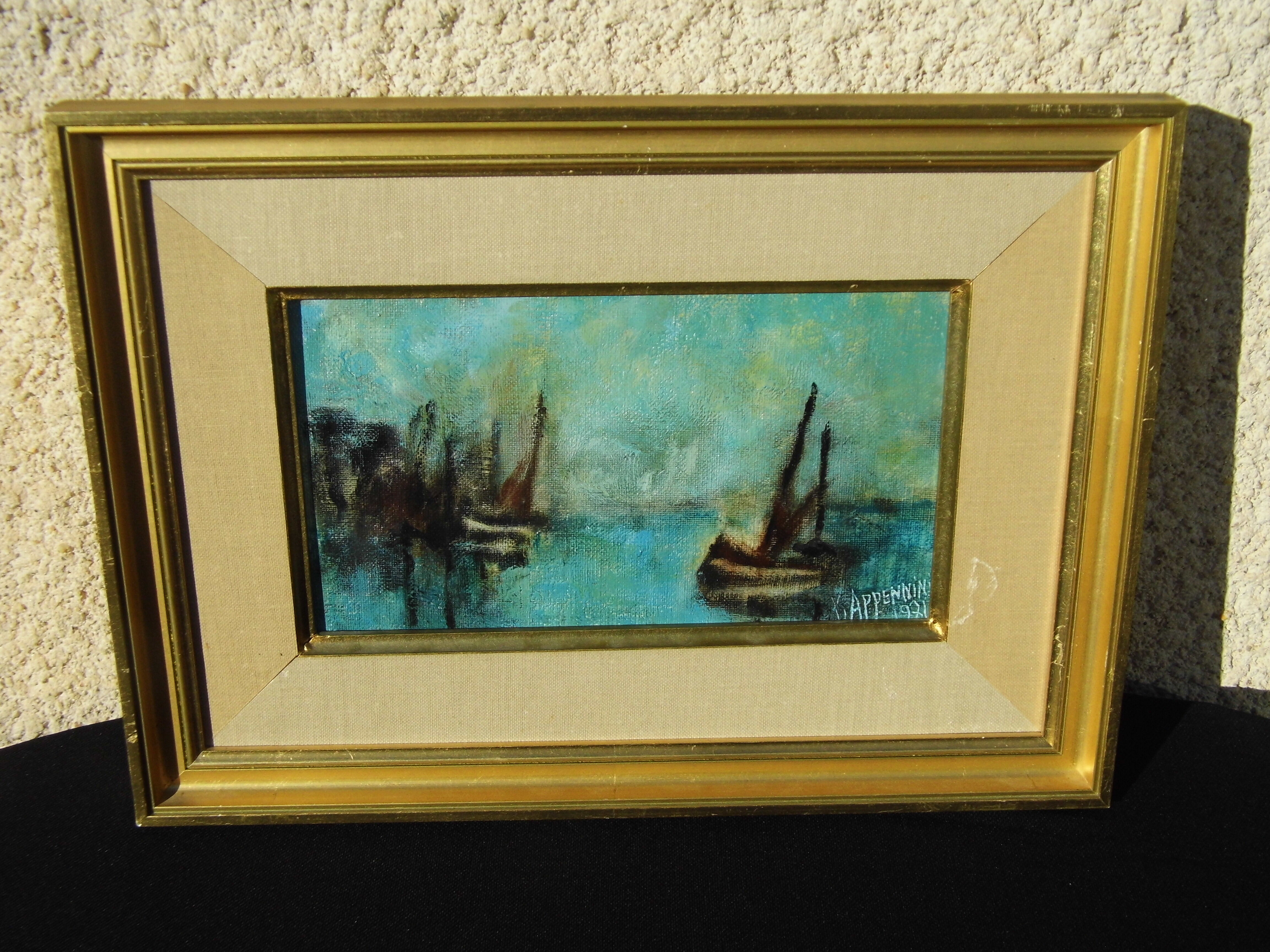 Marine painting oil on canvas old sign yvonne appennini 1971 voiliers tbe