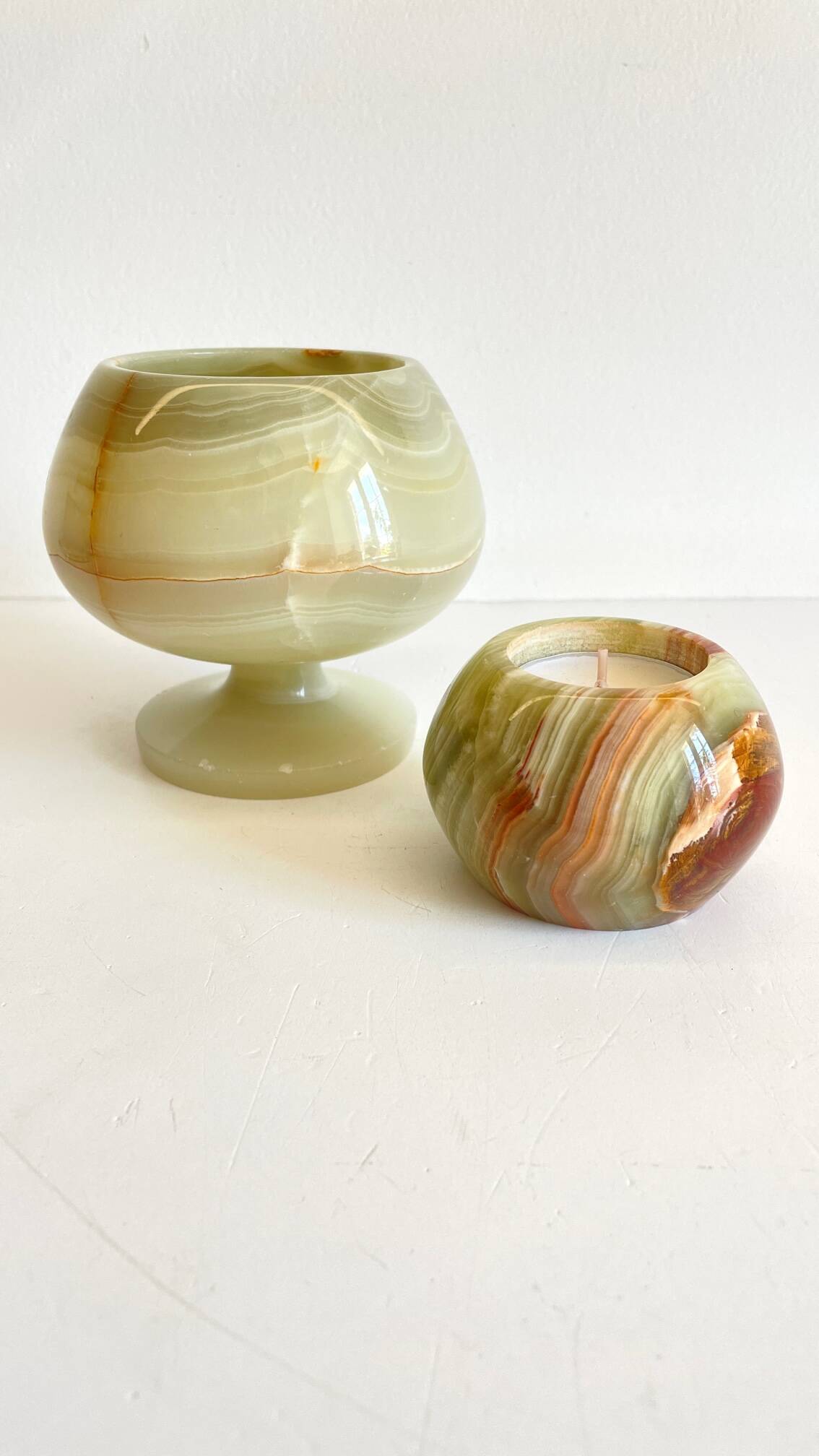 2 70s design onyx candle holders