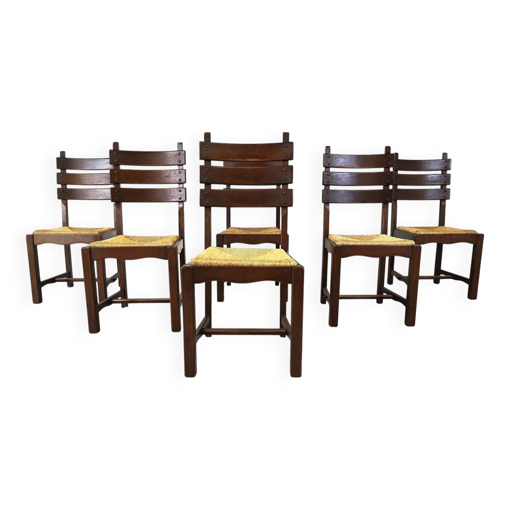 Vintage oak and wicker brutalist dining chairs, 1960s