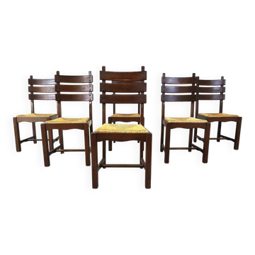 Vintage oak and wicker brutalist dining chairs, 1960s