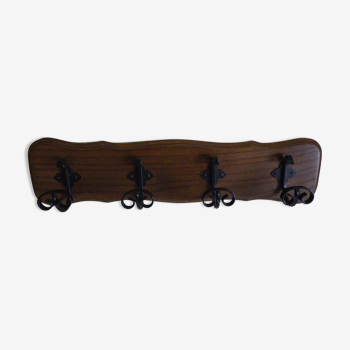 Wooden wall coat rack and its 4 wrought iron hangers, 60s