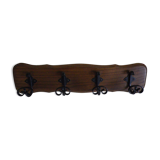 Wooden wall coat rack and its 4 wrought iron hangers, 60s