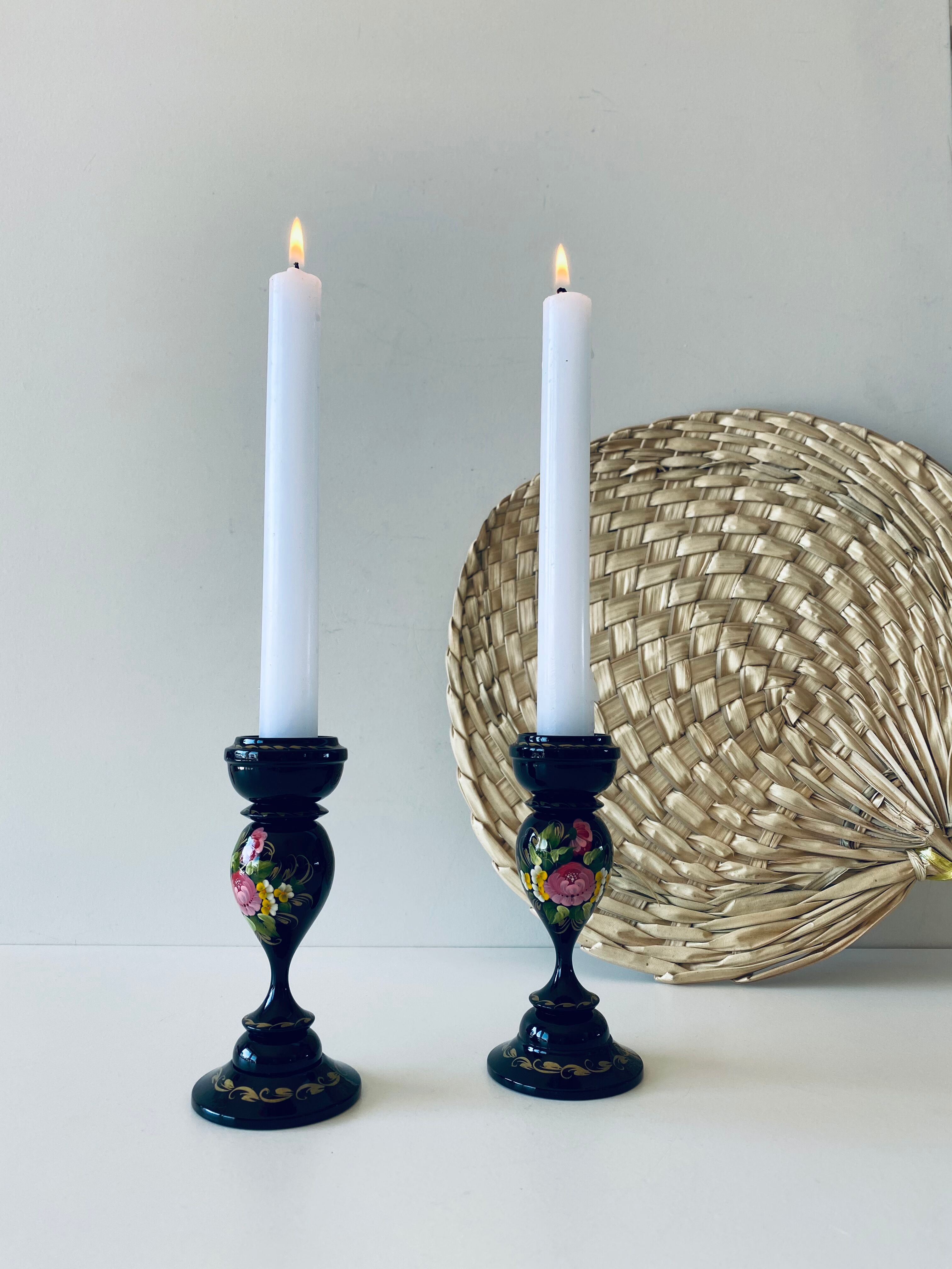 Pair of wooden Ukrainian candlesticks