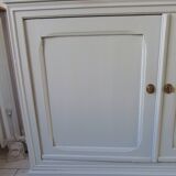 Vintage sideboard enhanced in cloud gray, pitch pine top.