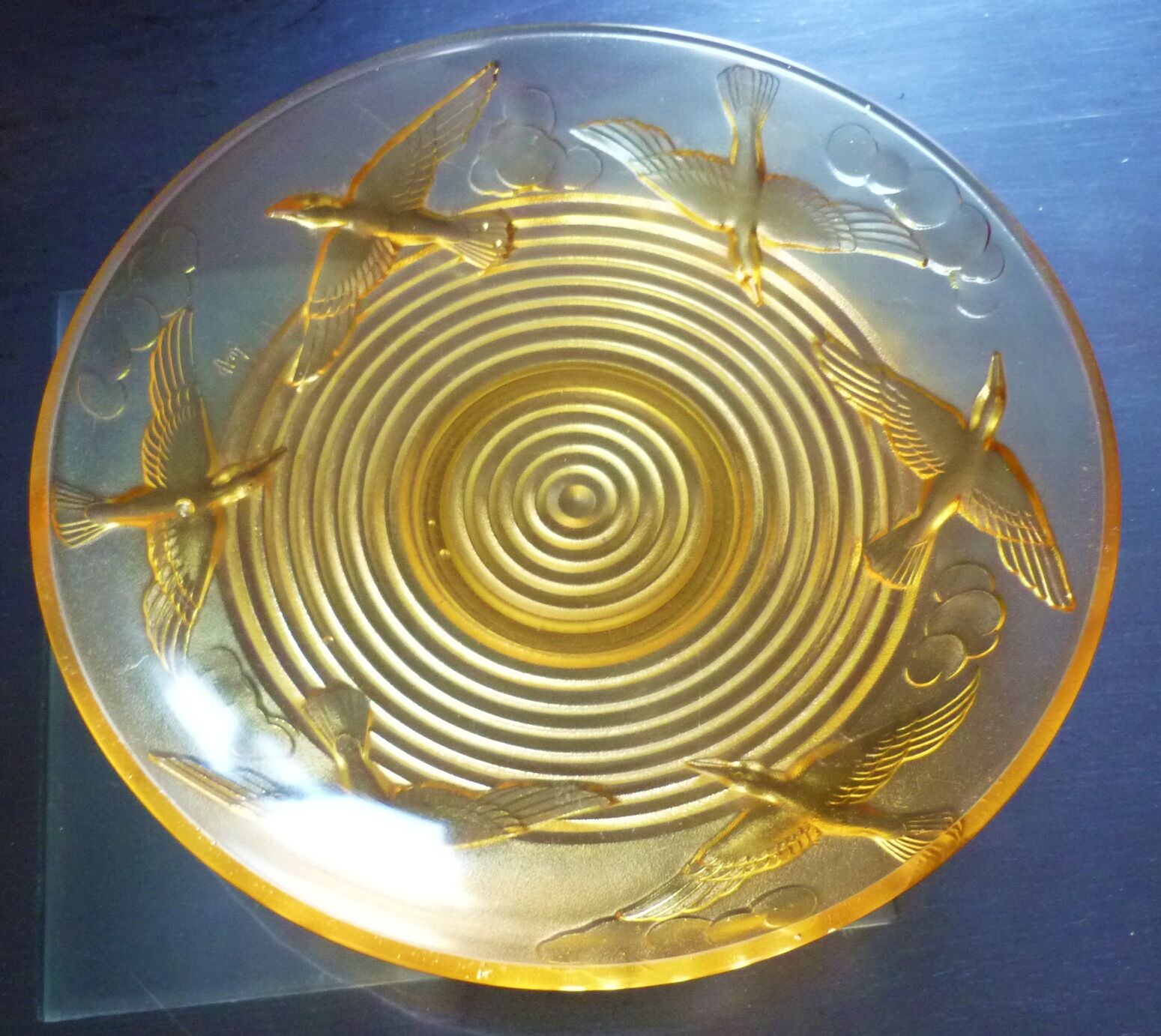 Cup, art deco centerpiece, 1930, pressed glass, molded, signed A.Miguel, albatross