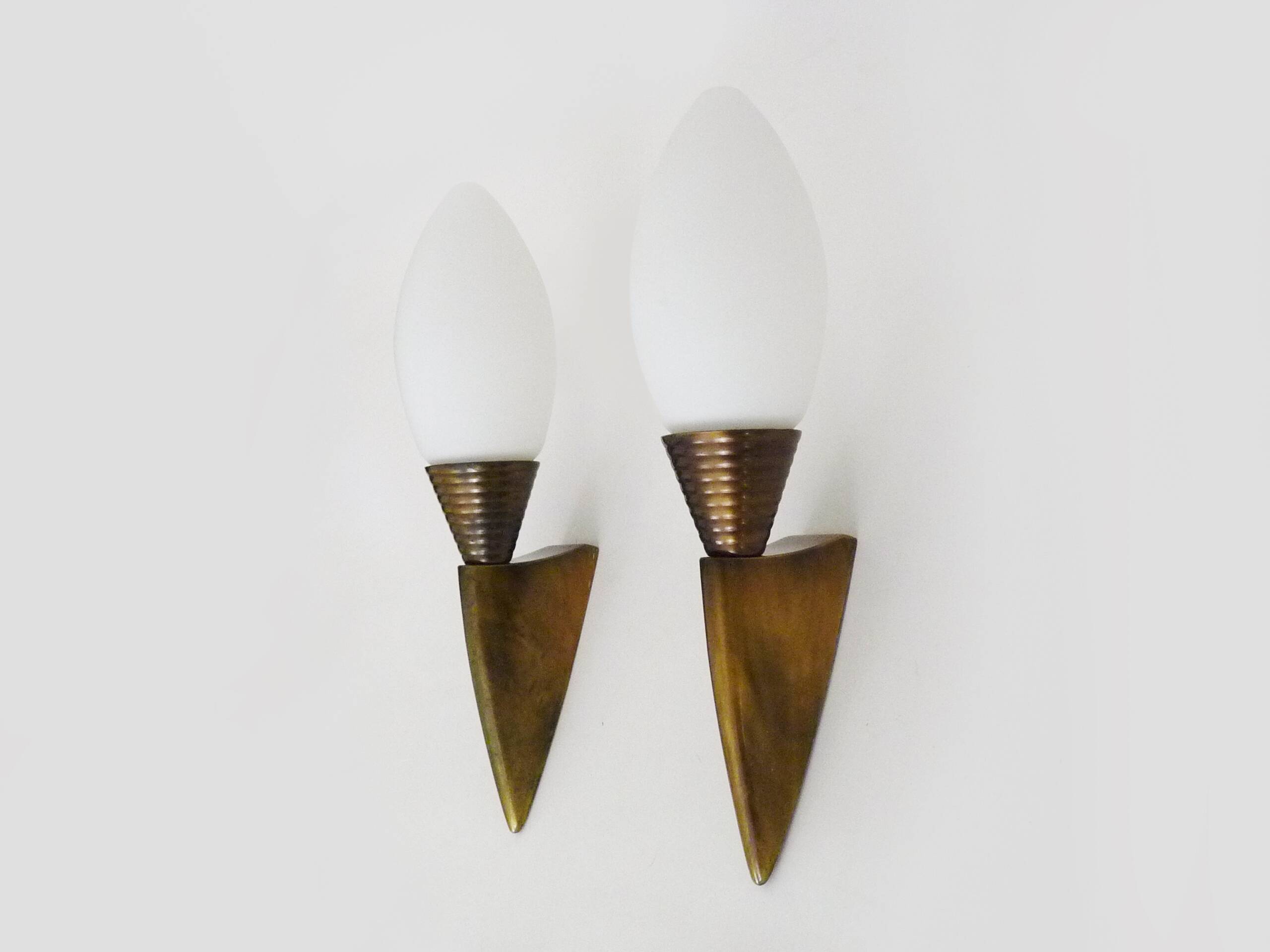 Pair of wall sconces, torchère, brass and opaline. 1980s.