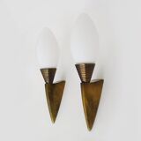 Pair of wall sconces, torchère, brass and opaline. 1980s.