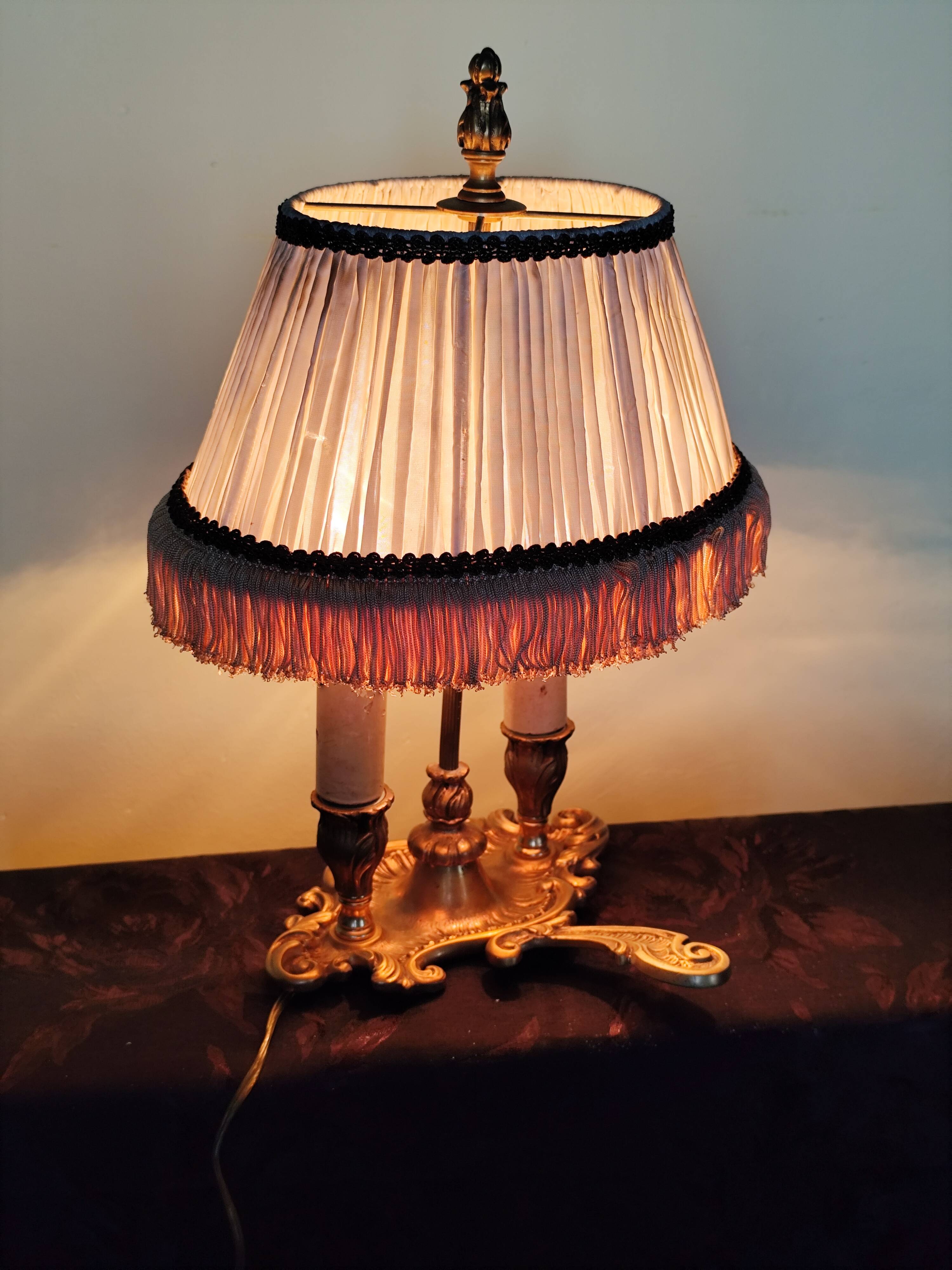bronze bouillotte lamp with 2 lights and fabric shade