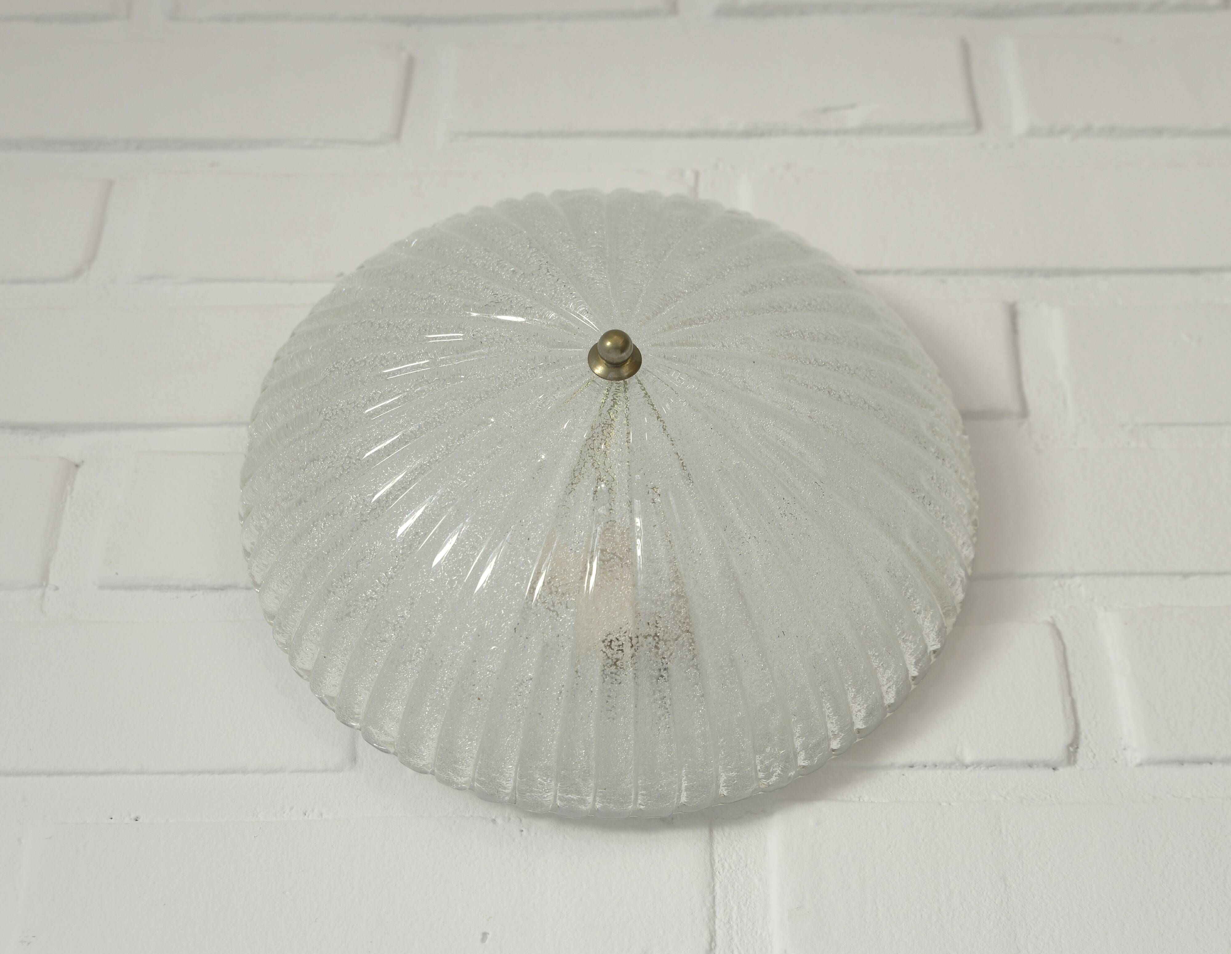 Set of 2 vintage hand blown ice glass wall sconces / pair of flush mount ceiling lights