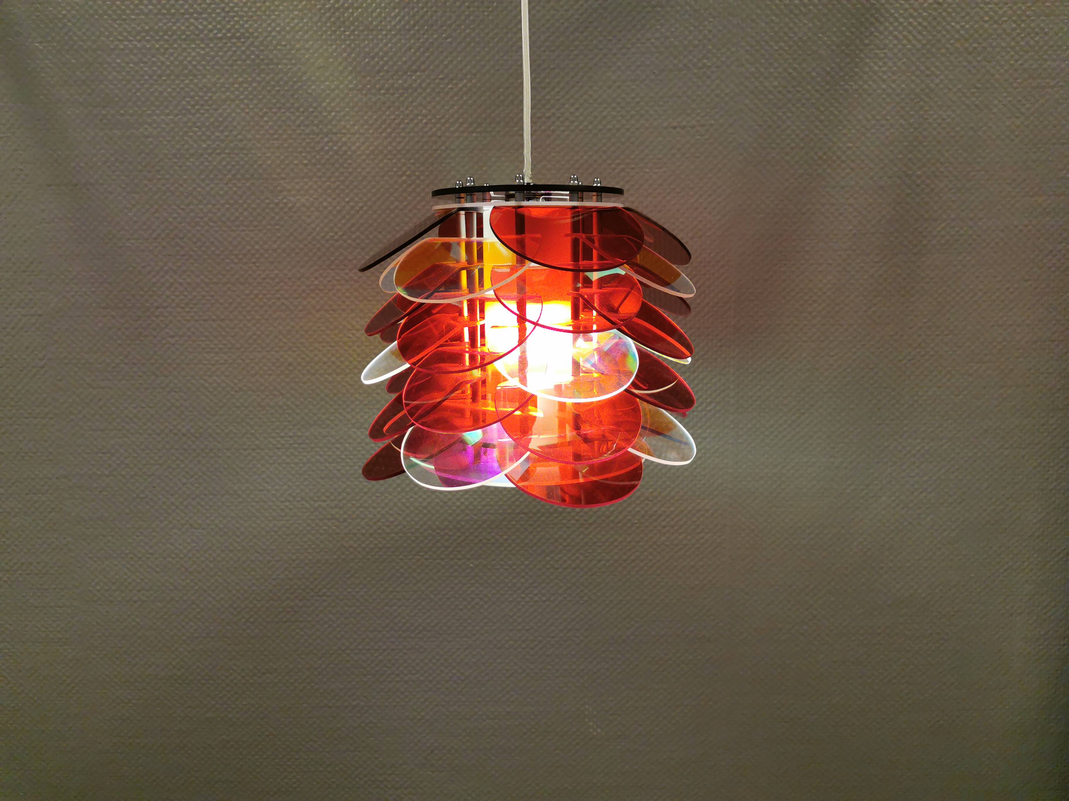 Danish Space Age hanging lamp made of plexiglass "leaves" with mirror reflex