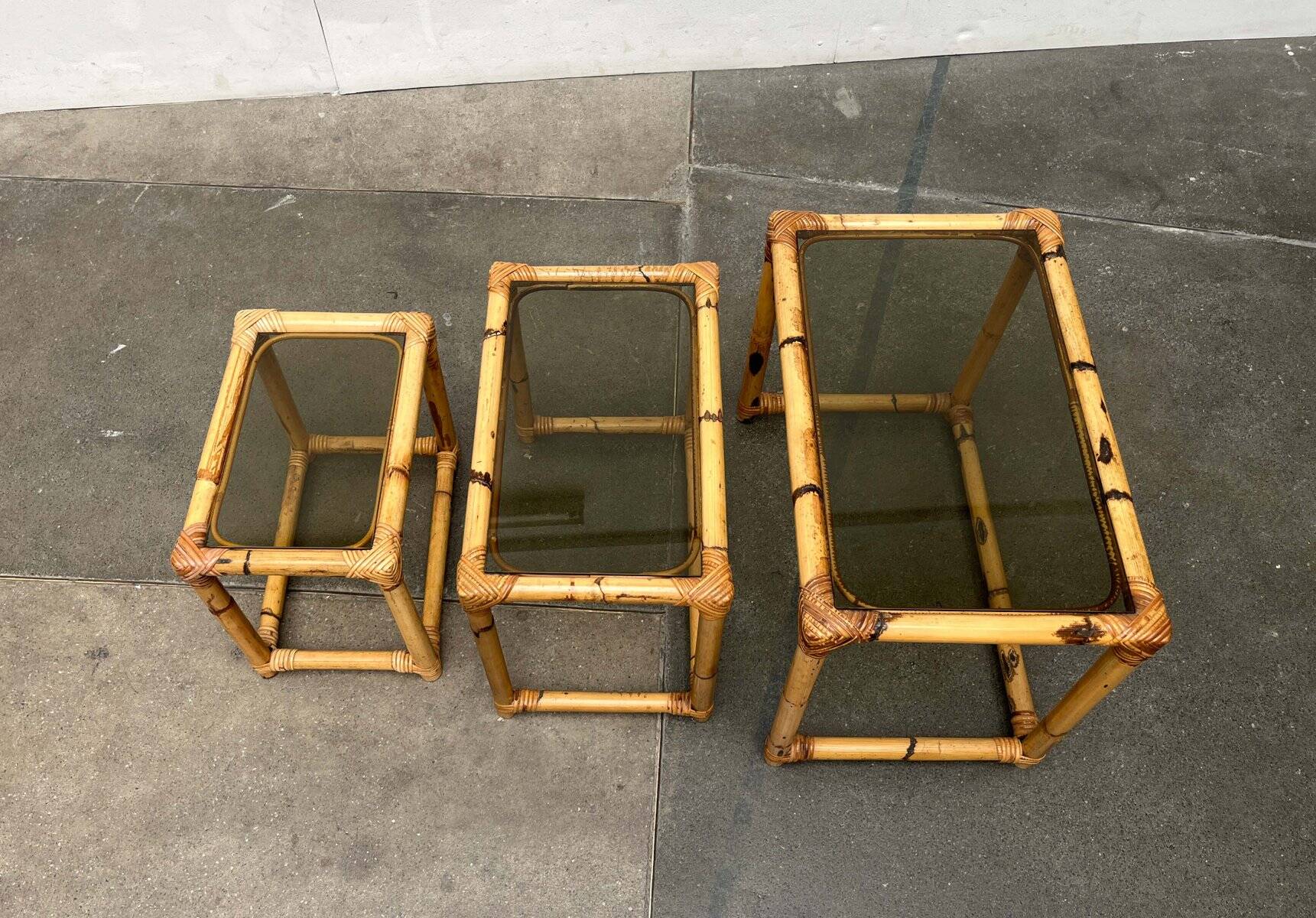 Nest of bamboo and glass tables in mid-century style, 1960s, set of 3.