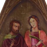 Peinture à la détrempe ancienne sur panneau avec des saints, 19ème siècle