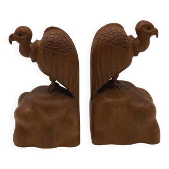Unusual Pair of Vintage Hand-Carved Vulture on a Rock Wooden Bookends