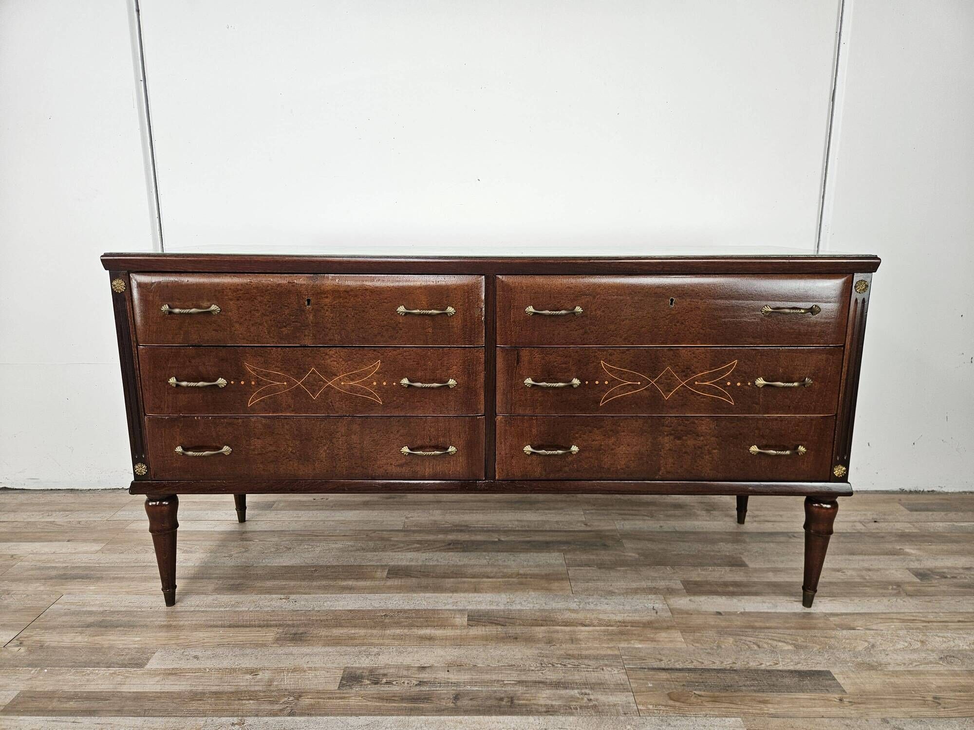 Vintage six-drawer oak chest of drawers with glass top, 1960